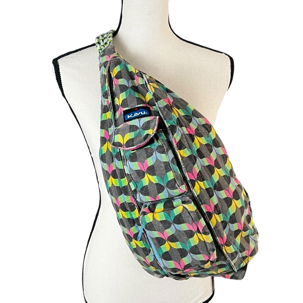 KAVU Multicolor Geo Print Rope Sling Crossbody Bag Festival Travel Backpack
